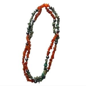Hand Crafted Bead and Stone Necklace Costume Jewelry 34" Coral Colors Dressy